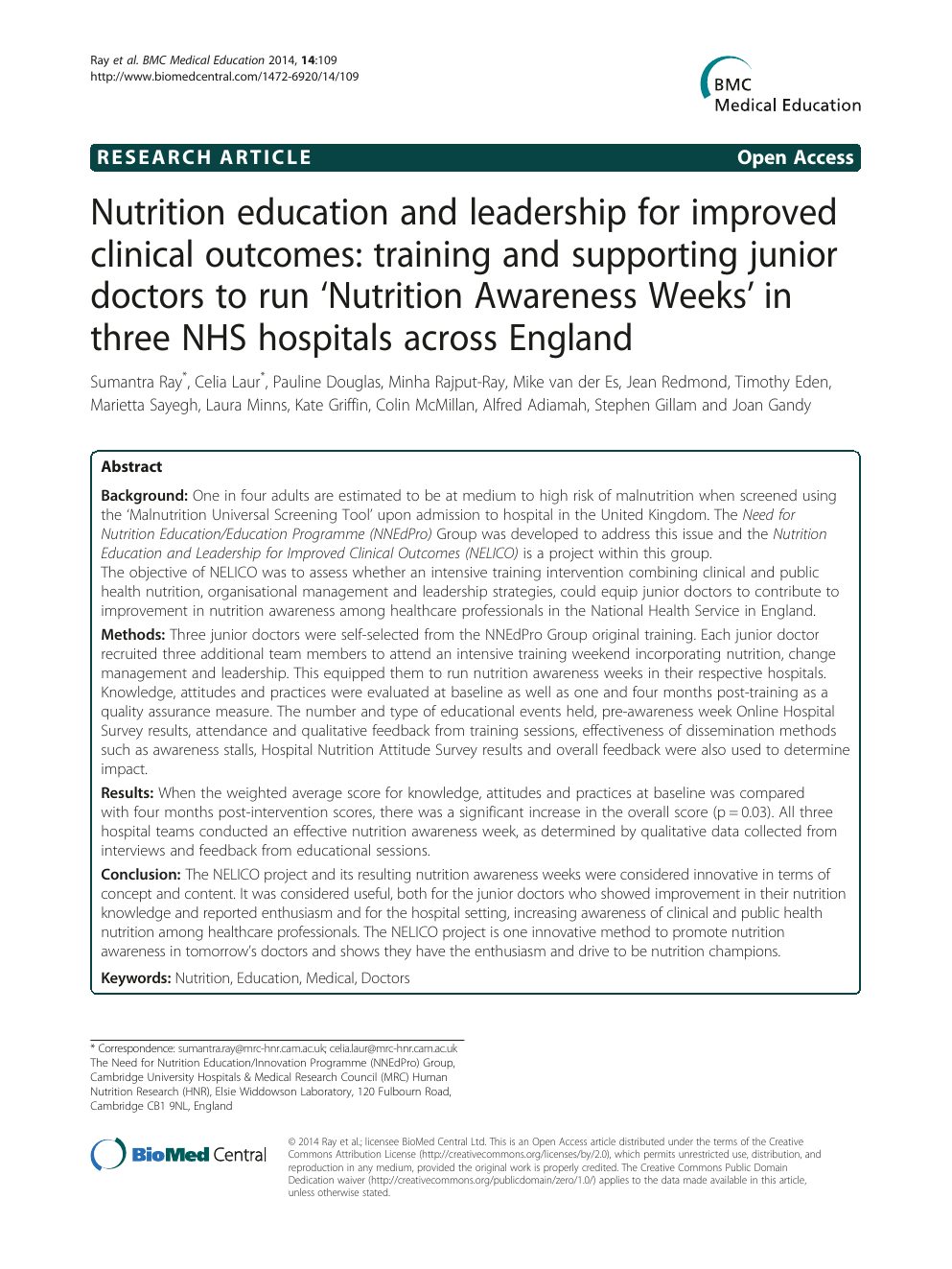 Nutrition education and leadership for improved clinical outcomes: training and supporting junior doctors to run 'Nutrition Awareness Weeks' in three NHS hospitals across England