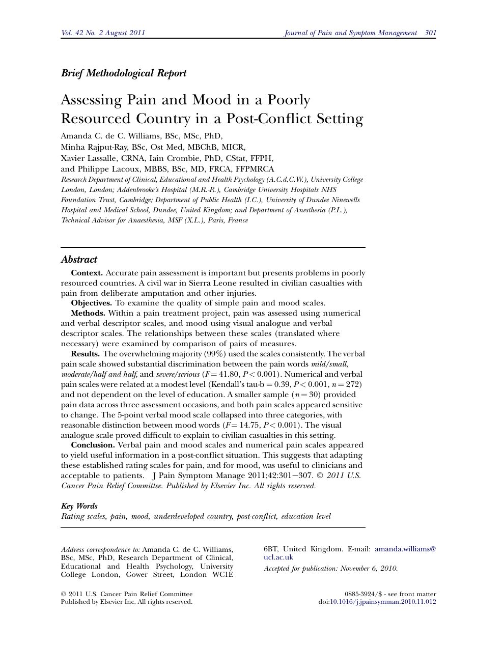 Assessing pain and mood in a poorly resourced country in a post-conflict setting