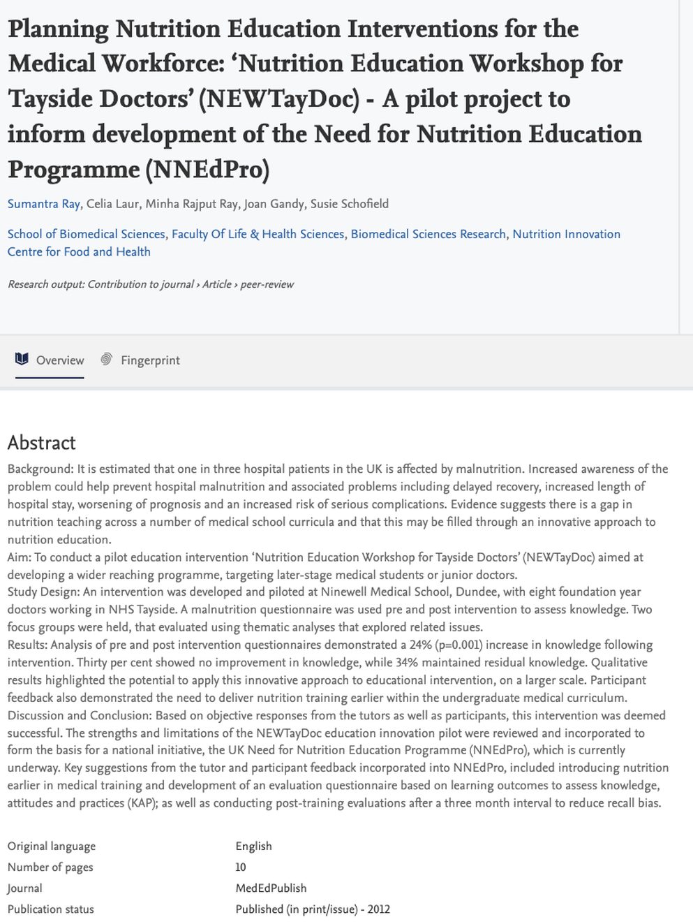 Planning nutrition education interventions for the medical workforce: Nutrition Education Workshop for Tayside Doctors (NEWTayDoc), a pilot project to inform development of the Need for Nutrition Education Programme (NNEdPro)