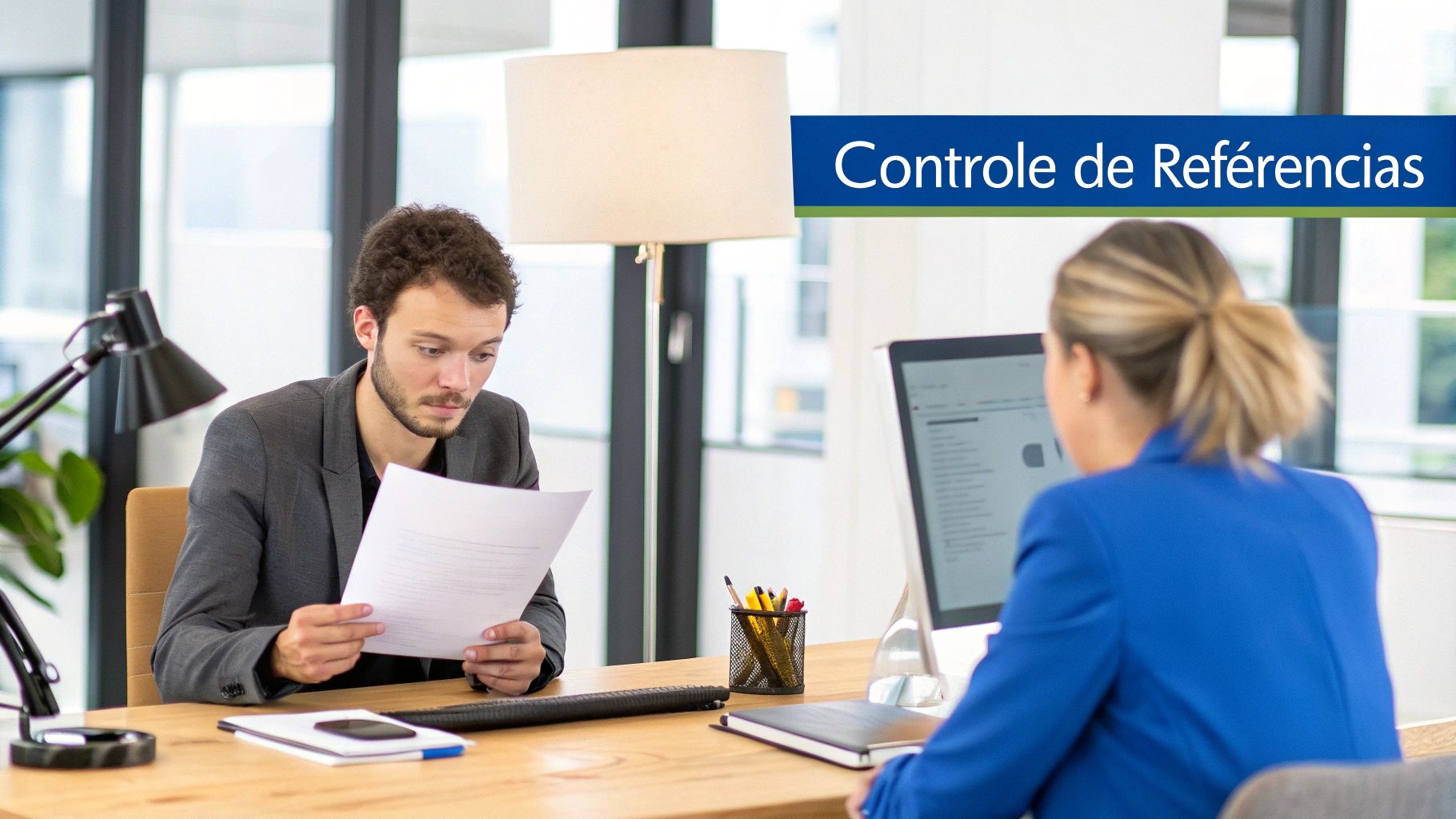 Un recruteur examinant un dossier de candidature avec une loupe, symbolisant une vérification minutieuse.