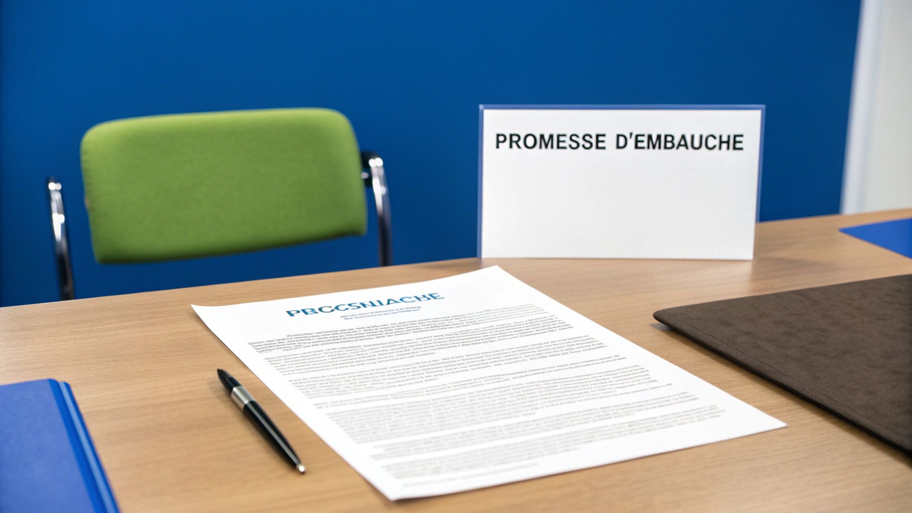 Une personne signant un document sur un bureau en bois, symbolisant l'engagement d'une promesse d'embauche