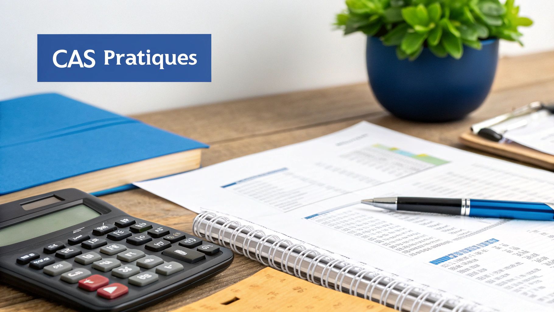 Une calculatrice et un bloc-notes sur un bureau, illustrant l'analyse des coûts de missions de secrétariat.