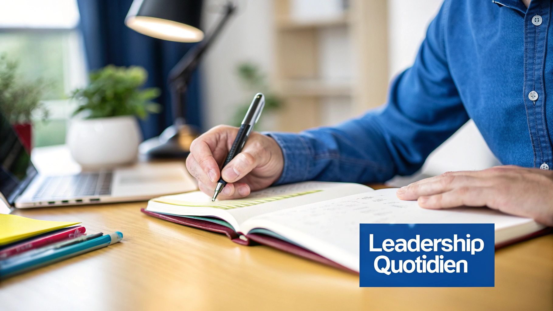 Une personne écrivant dans un journal, symbolisant la réflexion quotidienne et le suivi de ses progrès en leadership.