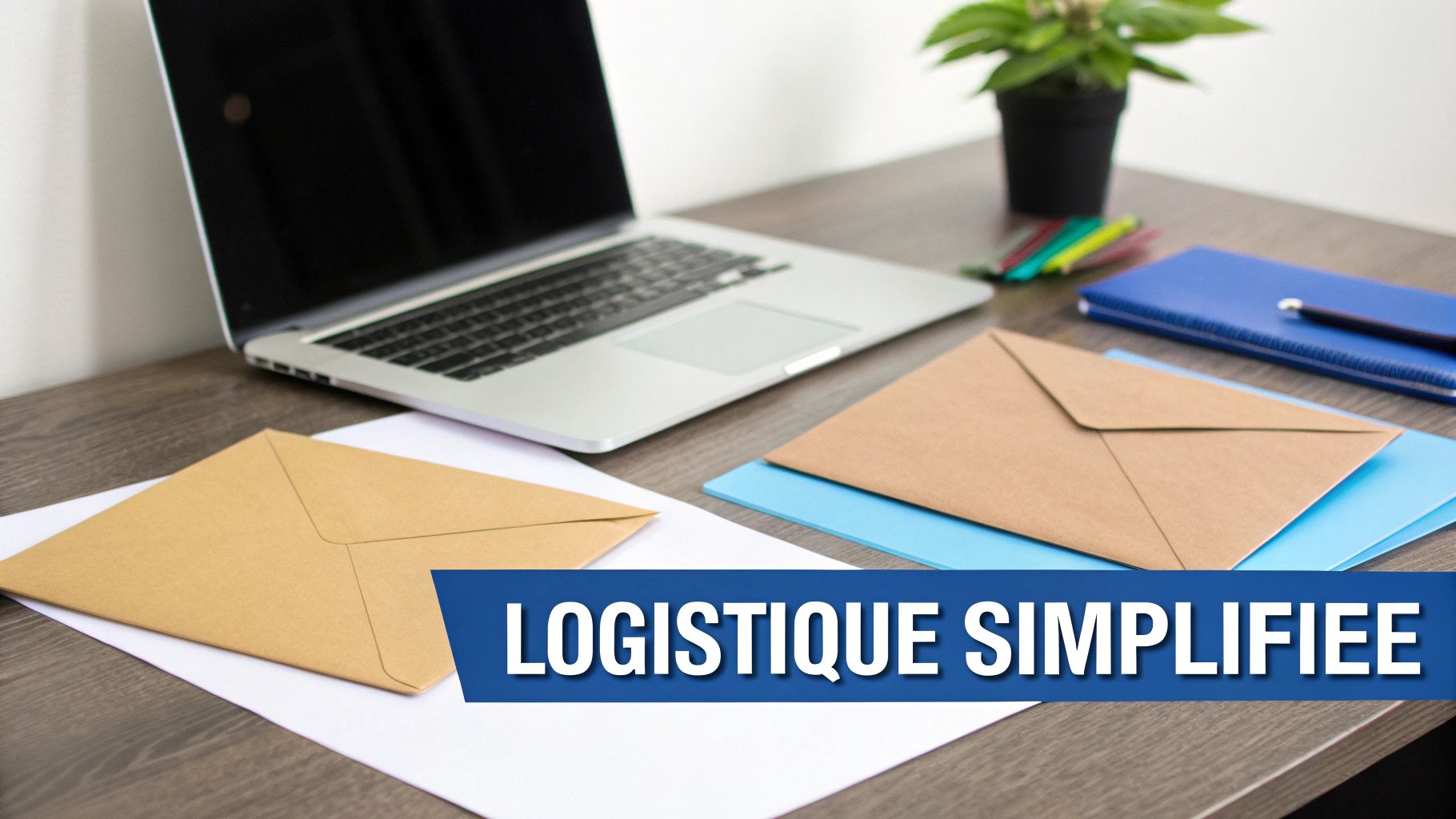 Une personne organisant la logistique d'une campagne de publipostage, avec des enveloppes d'un côté et un ordinateur affichant une plateforme d'emailing de l'autre.