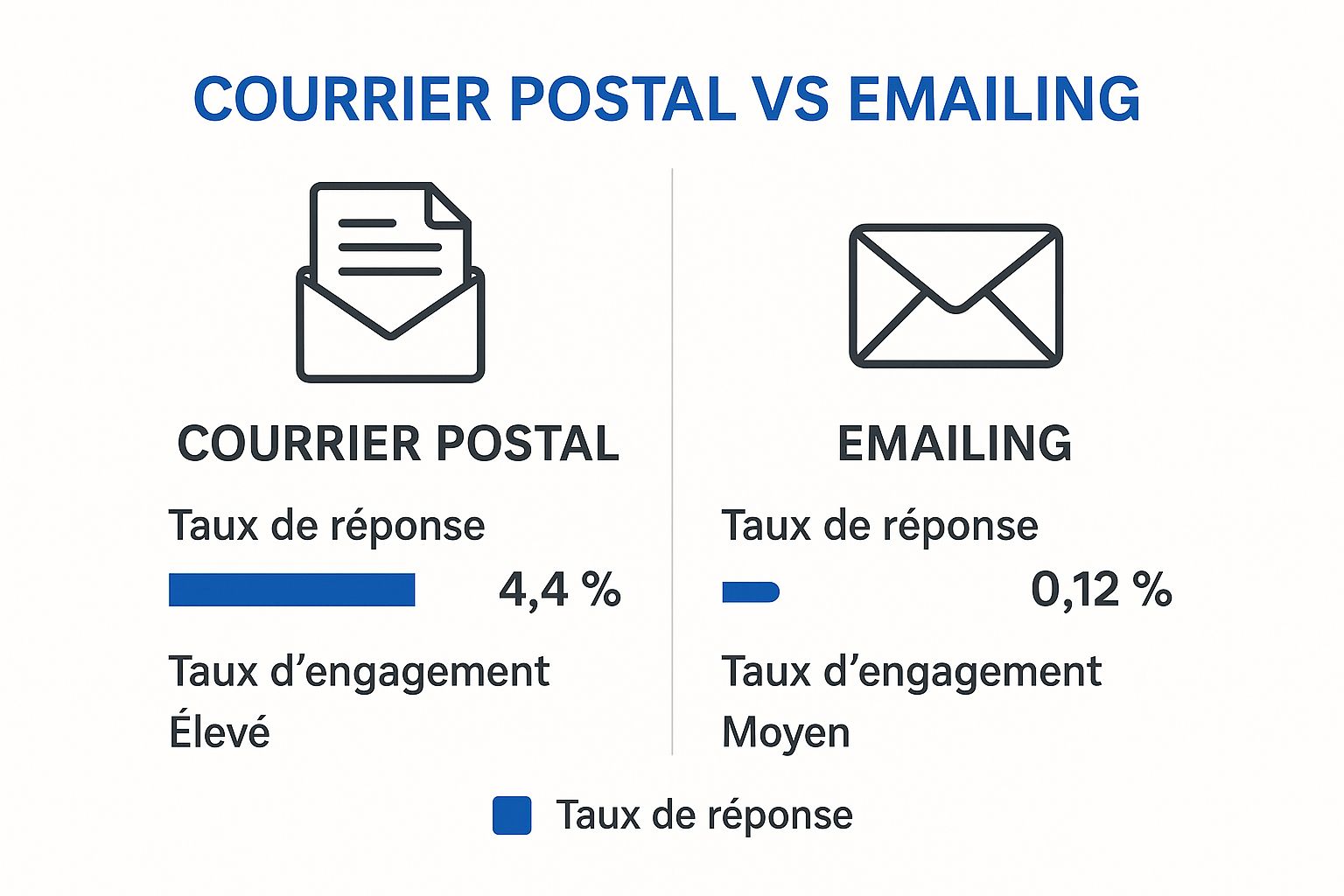 Infographie comparant les taux de réponse et d'engagement du publipostage postal et de l'emailing