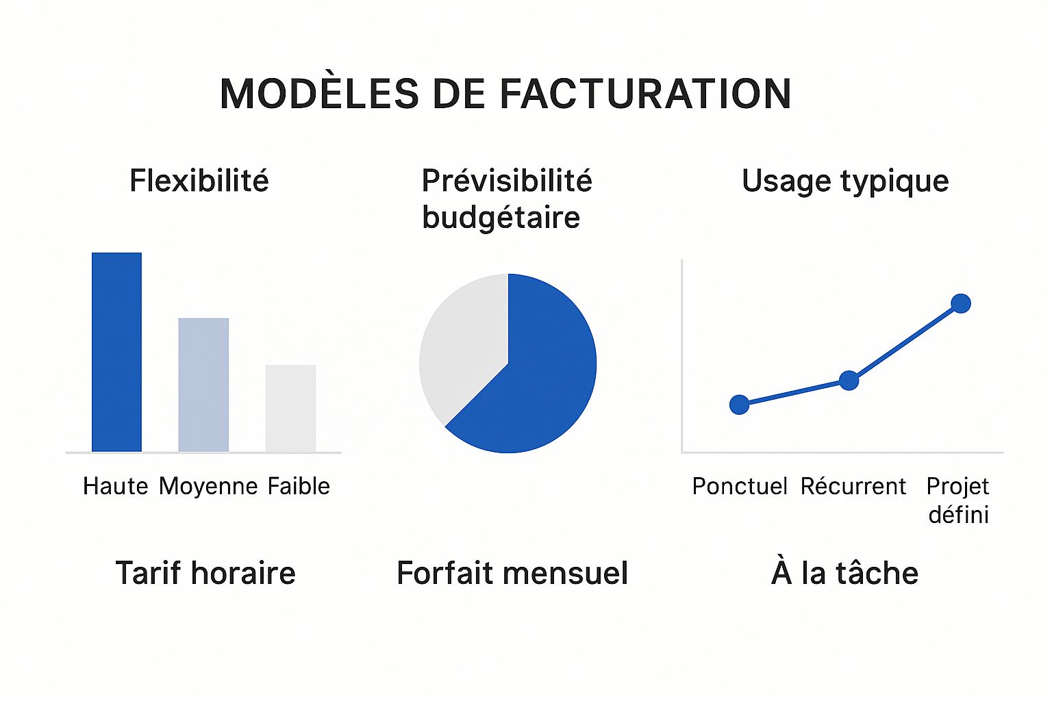 Infographie comparant le tarif horaire, le forfait mensuel et la facturation à la tâche pour une secrétaire indépendante