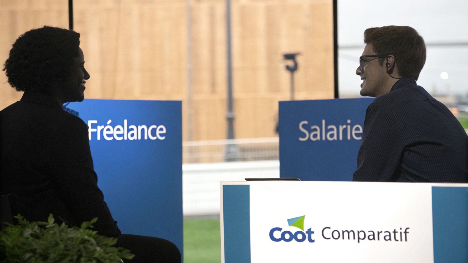 Une femme d'affaires comparant deux options sur une tablette dans un bureau moderne