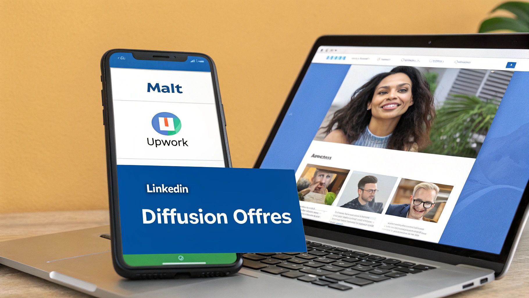 Une main tenant un smartphone affichant des icônes de réseaux sociaux comme LinkedIn et Facebook, symbolisant la diffusion d'une offre.