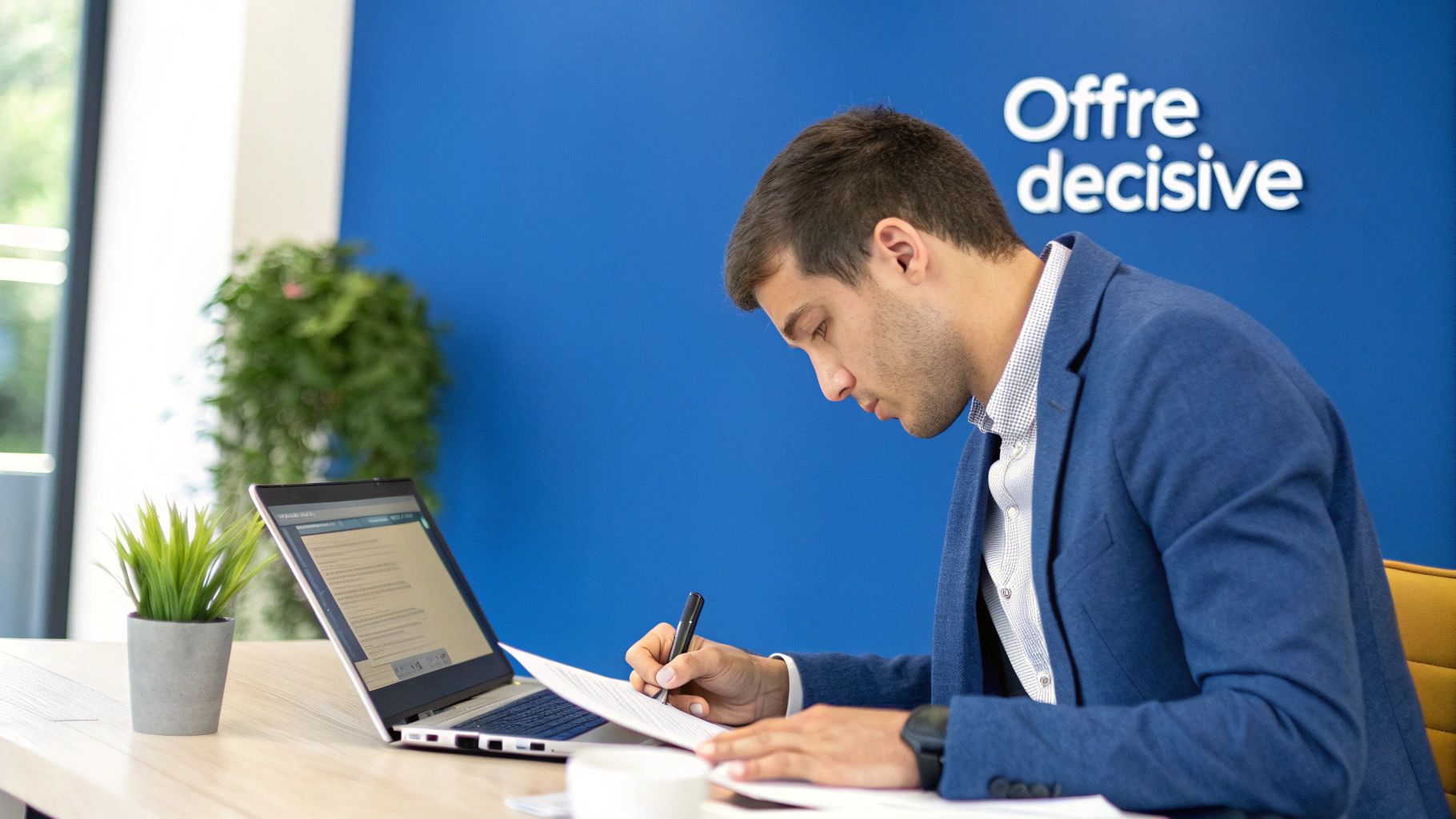 Une personne rédigeant une offre d'emploi sur un ordinateur portable, avec des icônes représentant des compétences et des tâches.
