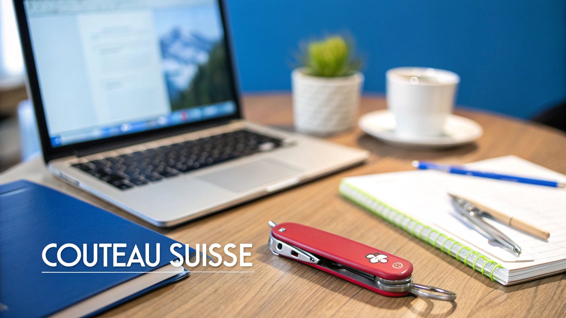 Un bureau bien organisé avec des notes, un ordinateur portable et une tasse de café, symbolisant l'efficacité d'un assistant virtuel.