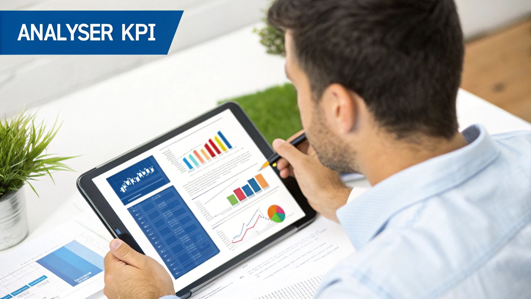 Une personne analysant des graphiques et des indicateurs de performance KPI sur un écran