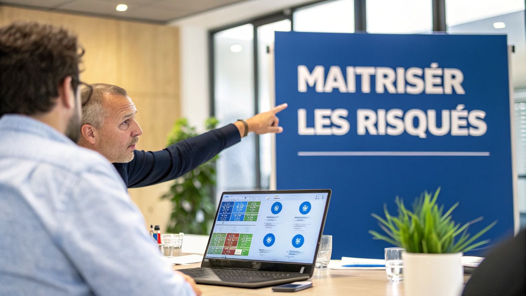 Un chef de projet analysant des données sur un tableau blanc pour illustrer l'analyse des risques.