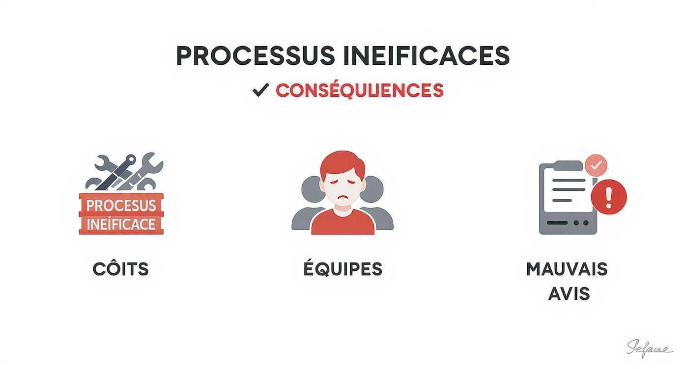 Infographie montrant les conséquences des processus inefficaces sur les coûts, les équipes et les clients