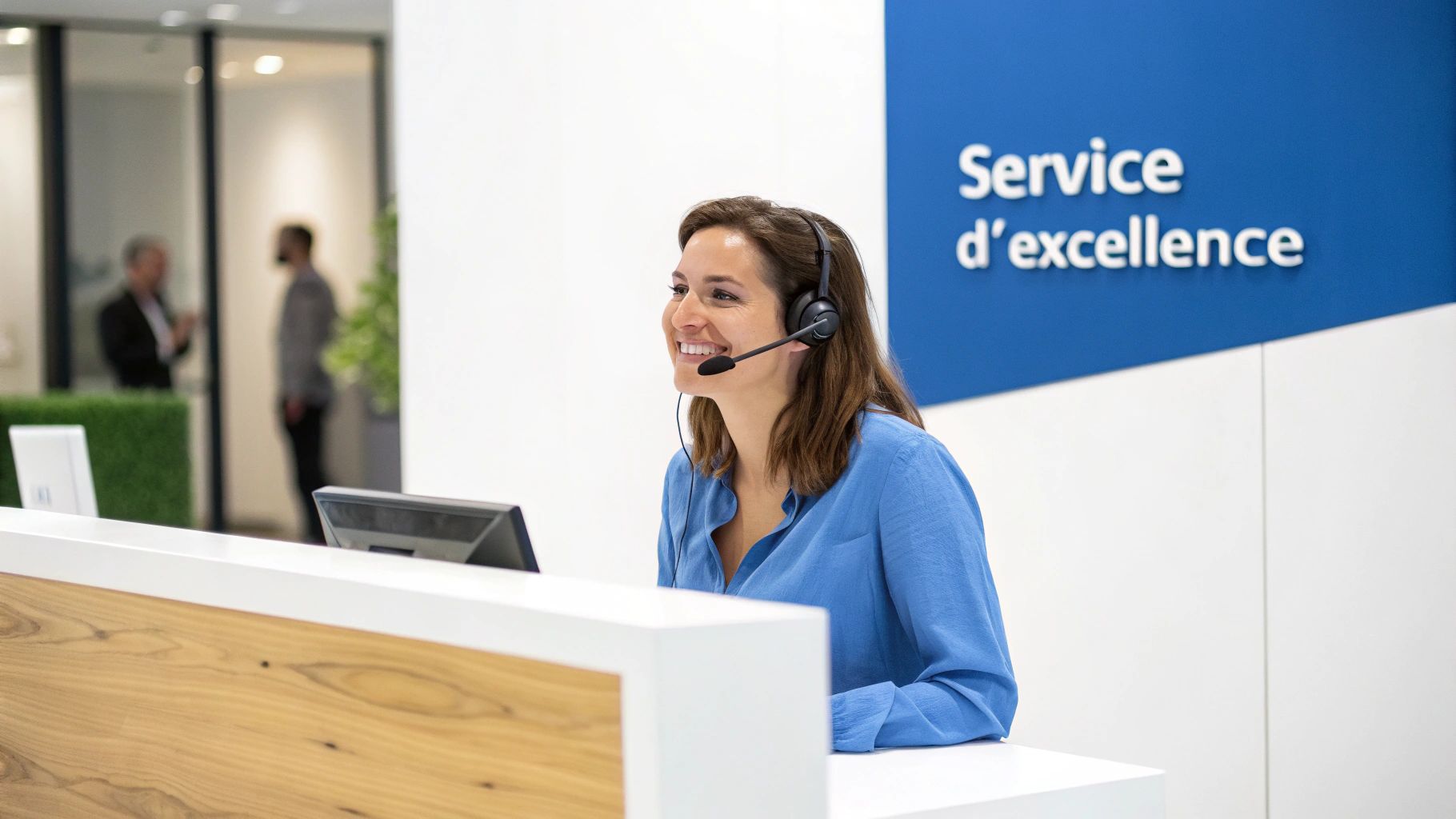 Un agent du service client souriant aidant un client au téléphone