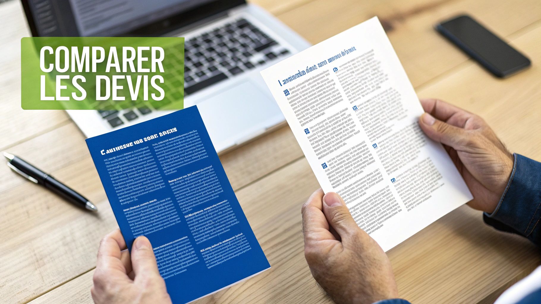 Une personne analysant un document sur un bureau bien organisé, symbolisant l'évaluation d'un devis.