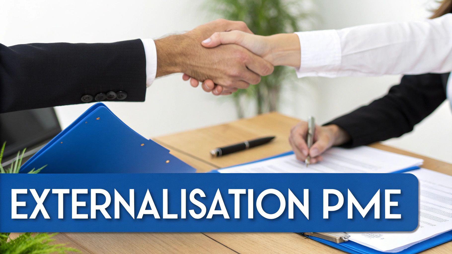 Une équipe discute de manière stratégique autour d'une table, symbolisant l'externalisation comme une décision d'affaires