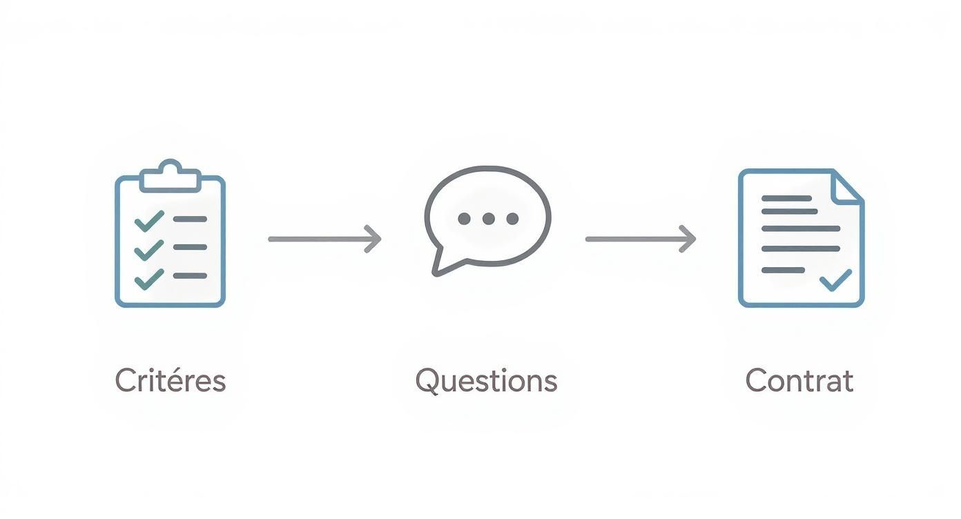 Infographie montrant le processus en trois étapes pour choisir un partenaire d'accueil téléphonique : définir les critères, poser les bonnes questions et finaliser le contrat.