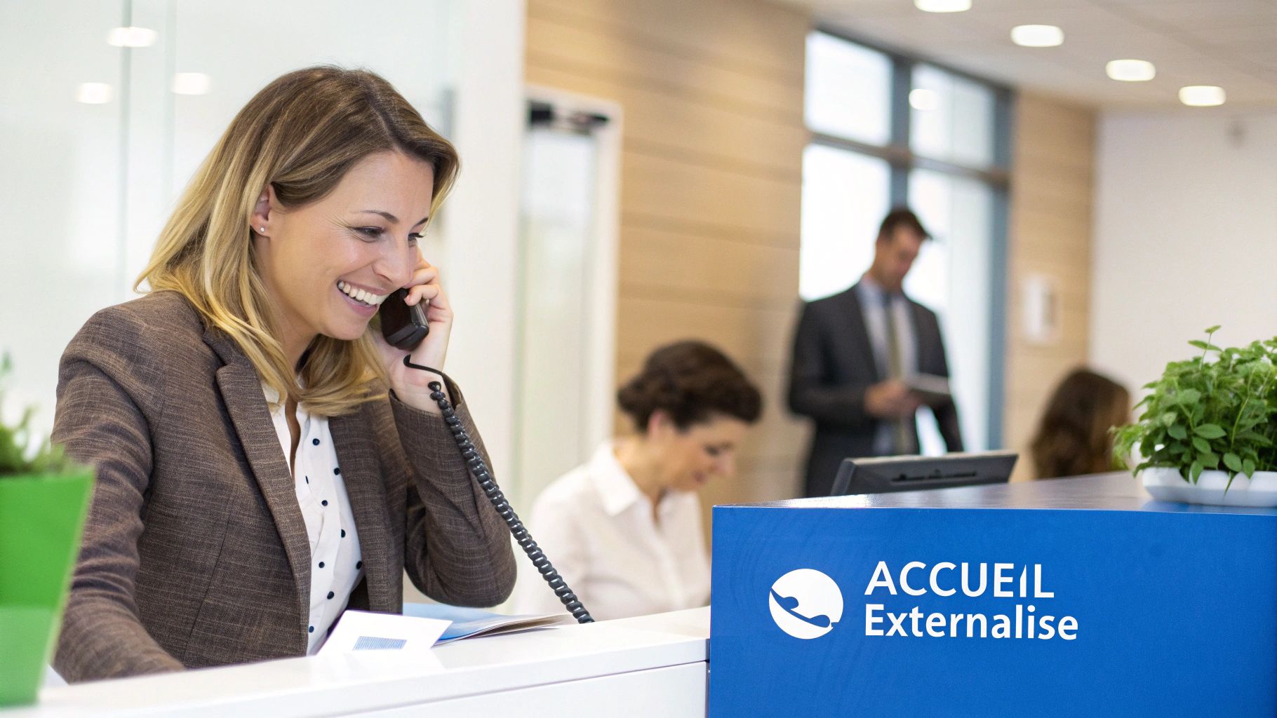 Un téléopérateur professionnel répondant à un appel client dans un bureau moderne