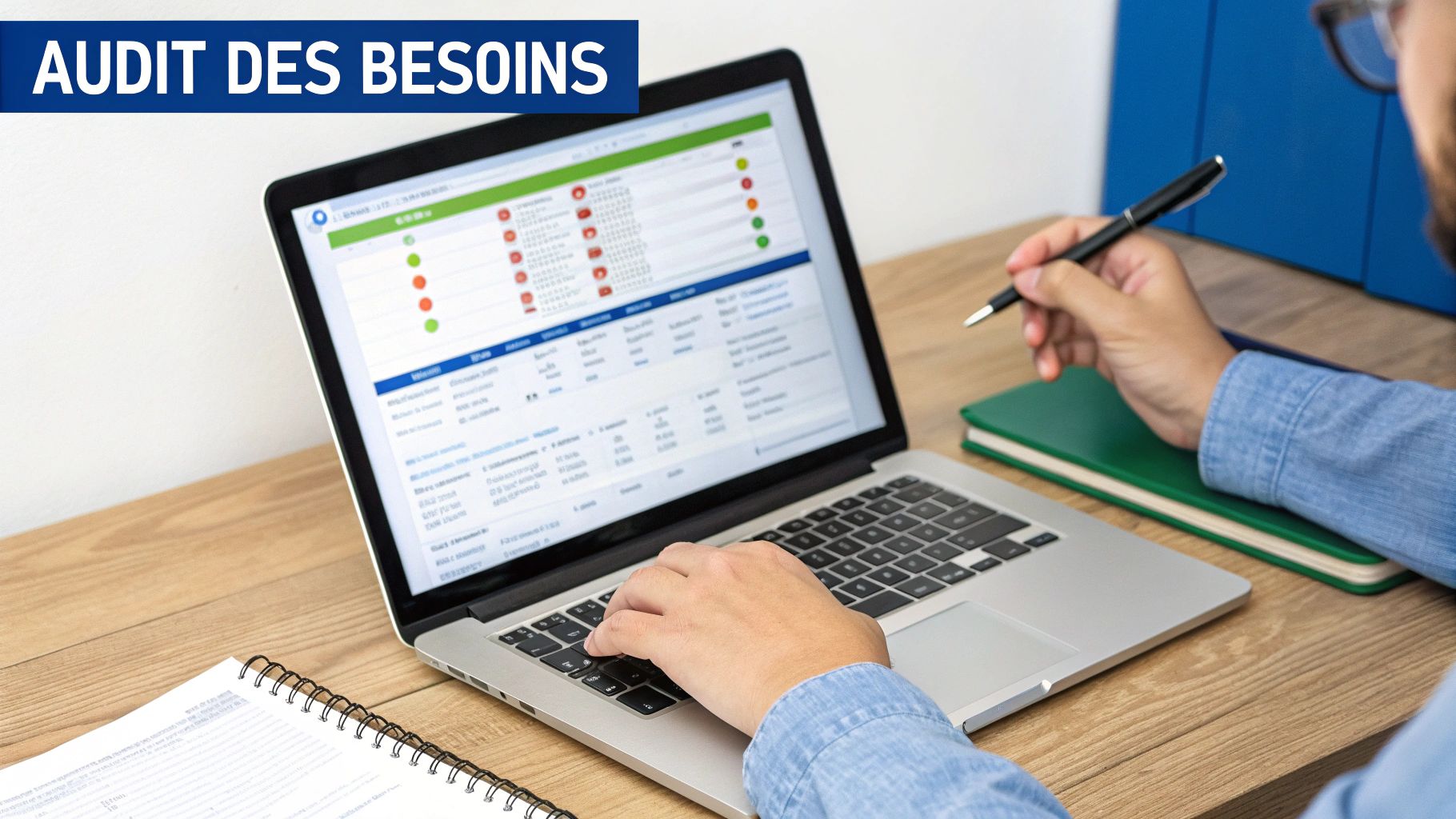 Une personne analysant des données sur un ordinateur portable avec des graphiques en arrière-plan, symbolisant l'audit des besoins