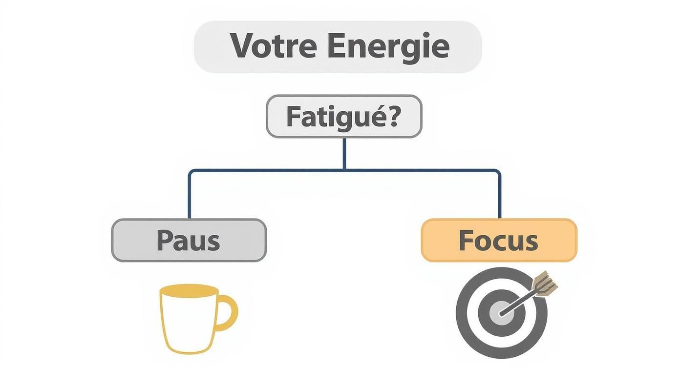Arbre de décision pour évaluer si vous avez besoin d'une pause ou si vous pouvez vous concentrer sur une tâche, un outil pour gérer la surcharge de travail