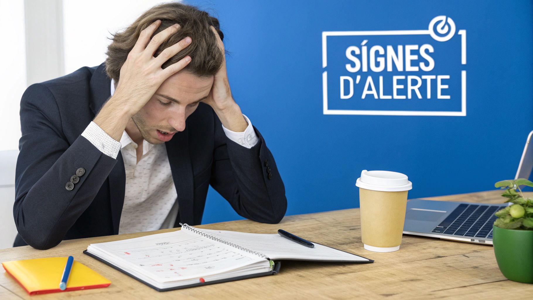 Une personne stressée à son bureau, se tenant la tête, symbolisant la surcharge de travail