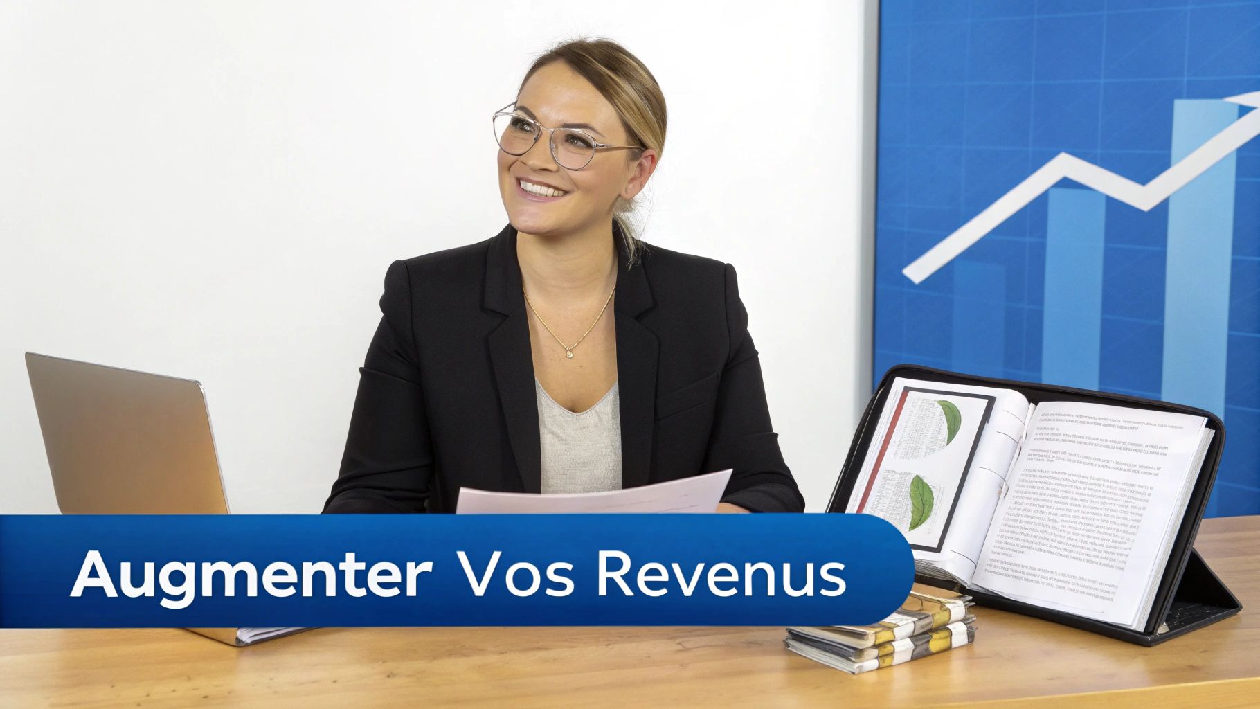 Une assistante virtuelle souriante travaille sur son ordinateur, symbolisant la croissance de sa carrière et de son salaire.