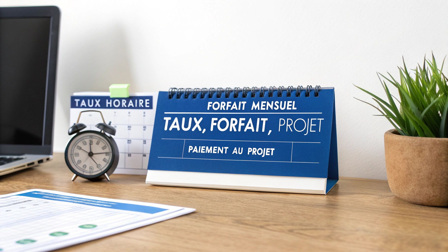 Calculatrice et ordinateur portable représentant la tarification d'une assistante virtuelle