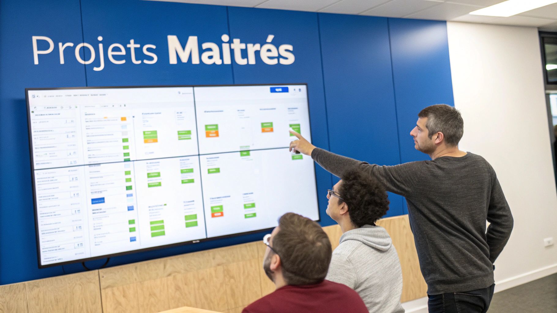 Groupe de personnes collaborant autour d'une table avec des écrans affichant des graphiques et des tableaux de bord de gestion de projet.