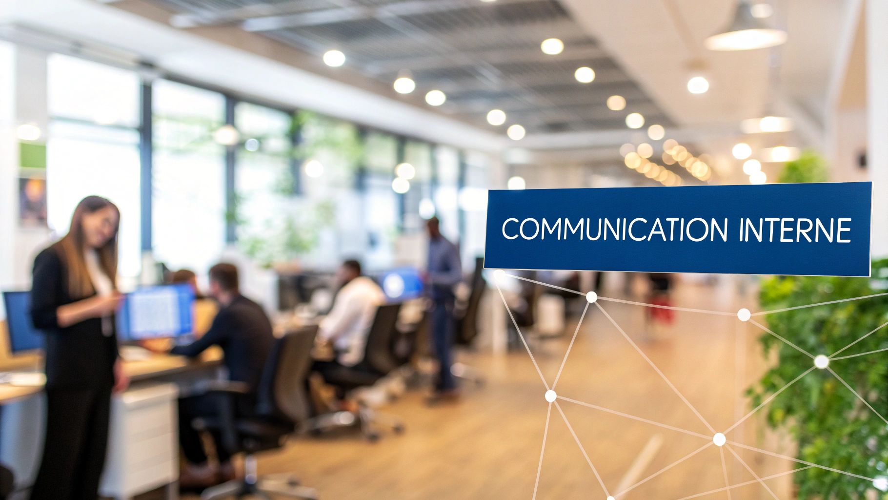 Personnes collaborant dans un bureau moderne, illustrant une communication interne efficace.