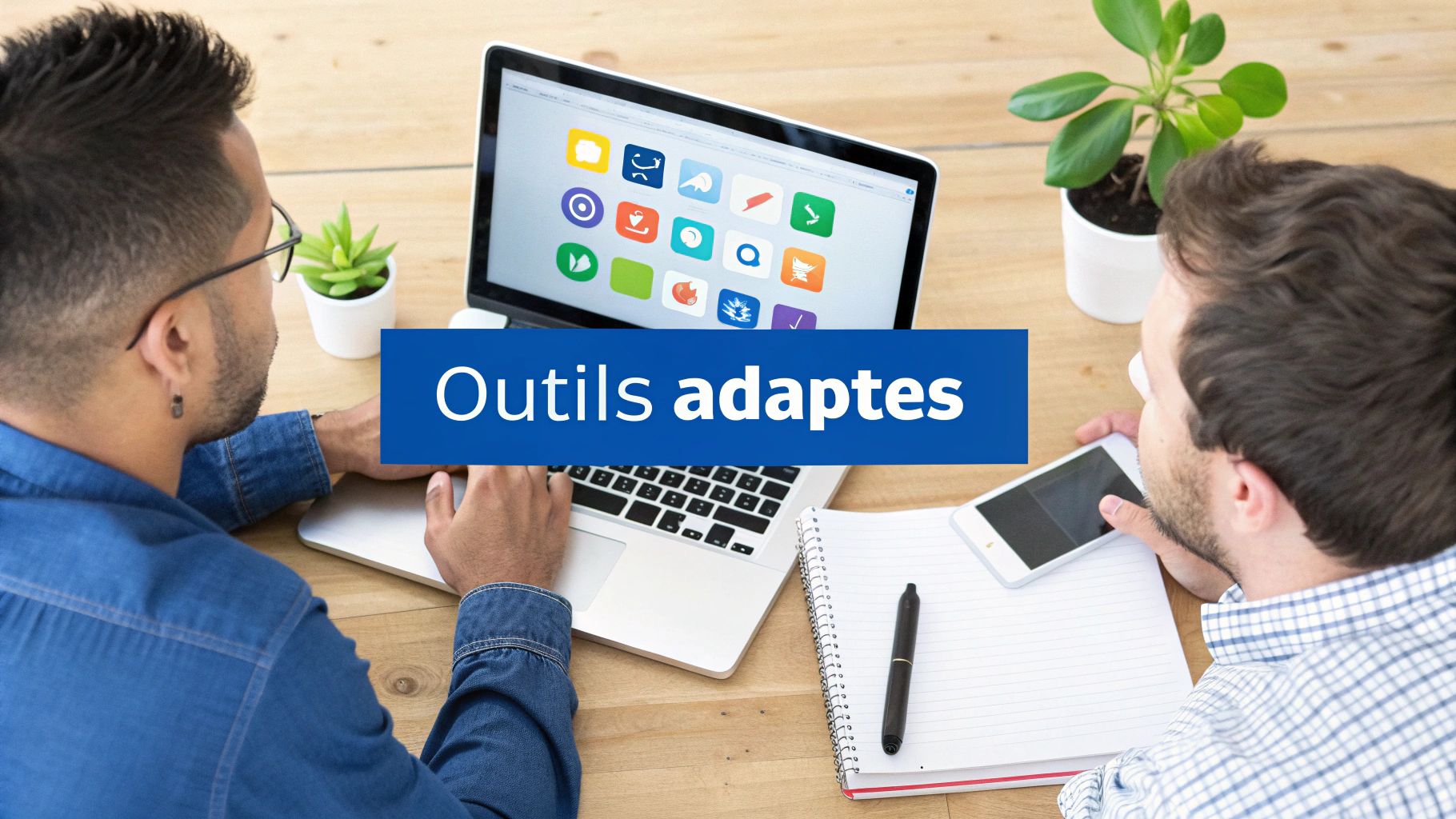 Une personne utilisant plusieurs appareils numériques, symbolisant le choix des outils de communication interne.