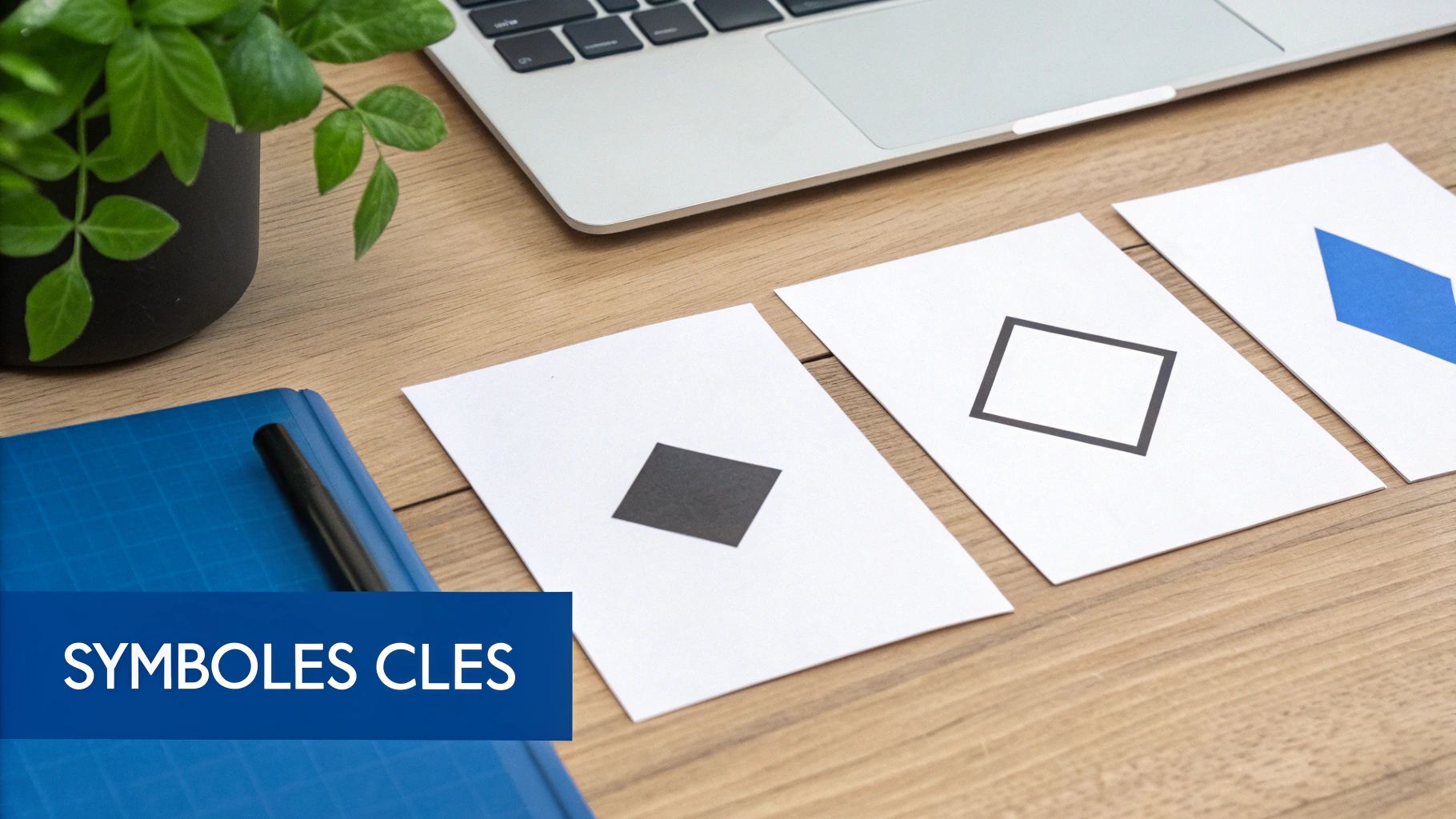 Une collection de symboles de diagramme de flux colorés sur un fond clair, représentant les différents éléments d'un processus.