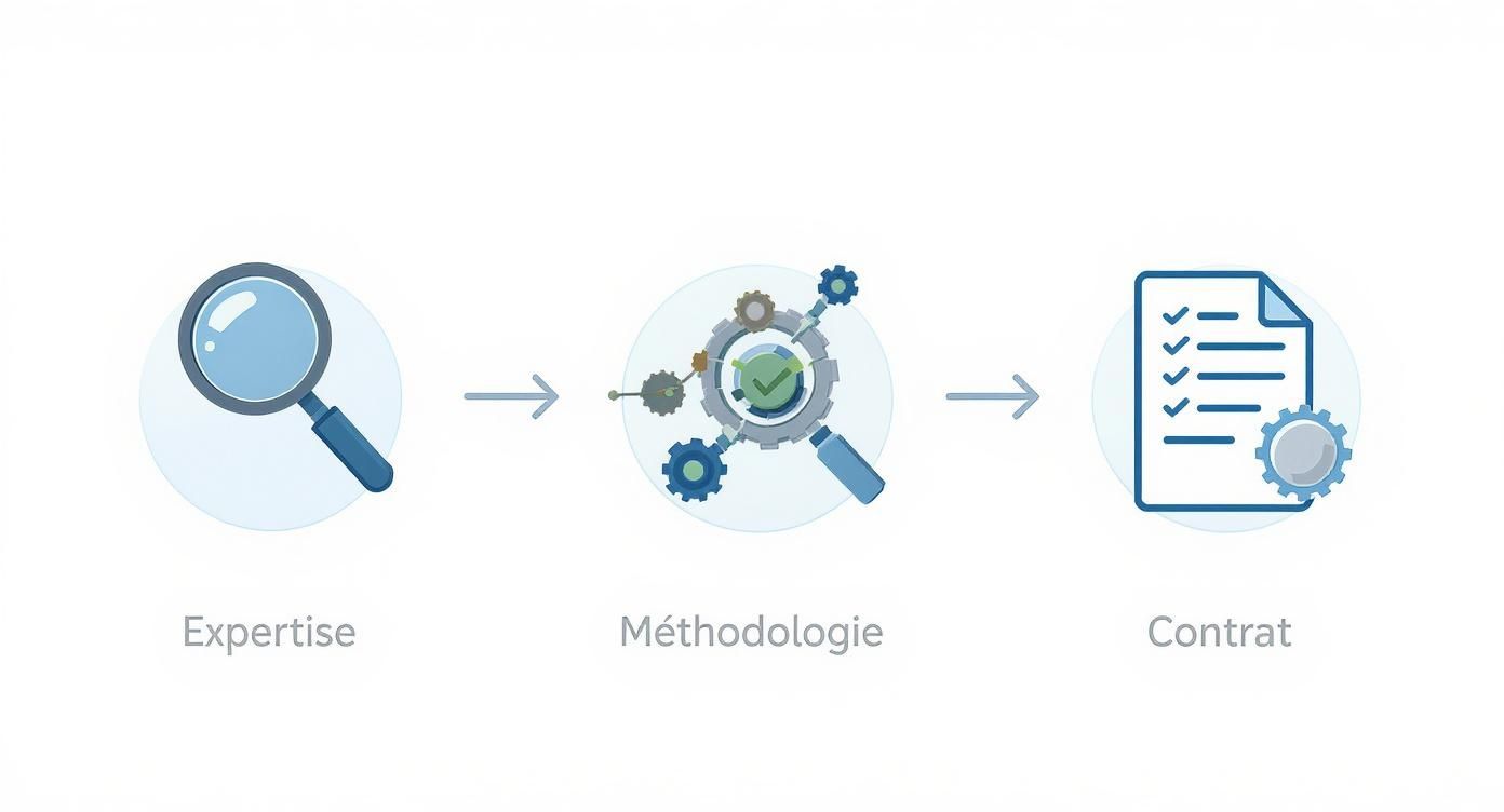 Processus en trois étapes : expertise avec loupe, méthodologie avec engrenages et contrat avec liste de vérification
