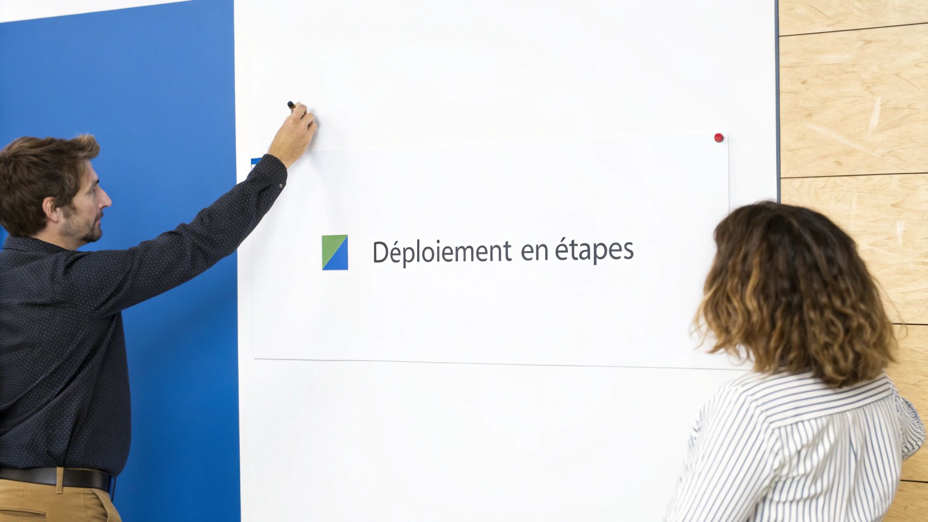 Deux collègues en réunion discutant du déploiement en étapes d'un projet sur tableau blanc