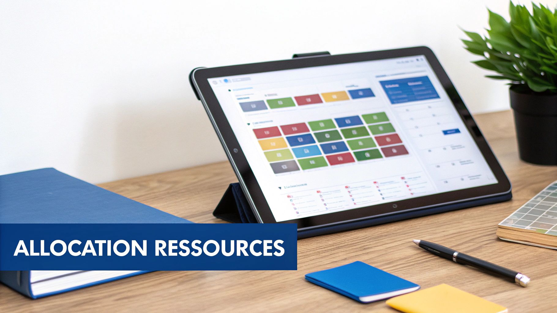 Tablette affichant un tableau de planification des ressources avec codes couleur sur un bureau moderne