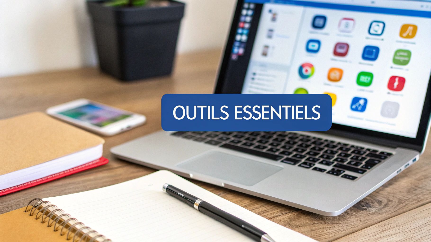 Espace de travail moderne avec ordinateur portable affichant des applications essentielles pour le télétravail administratif