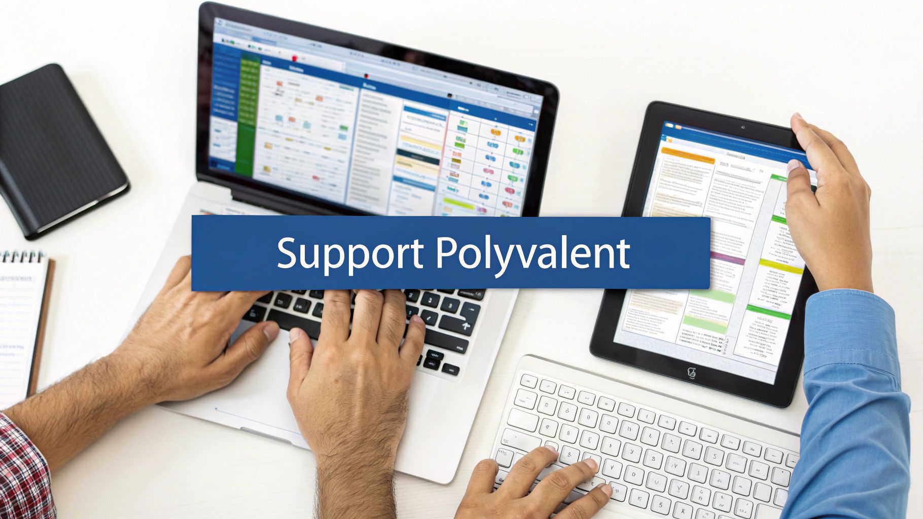 Deux professionnels collaborent sur ordinateur portable et tablette pour supporter une plateforme de gestion de projet