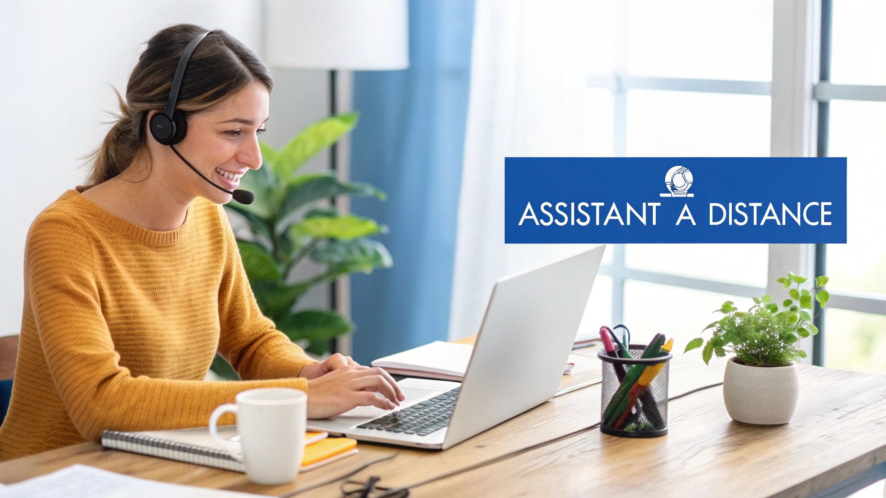 Assistante administrative à distance travaillant sur ordinateur portable avec casque dans un bureau à domicile moderne