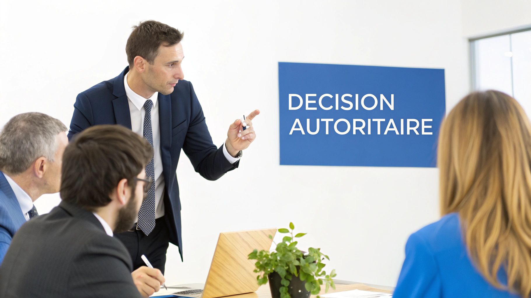 Un homme d'affaires présente la décision autoritaire lors d'une réunion avec ses collègues.