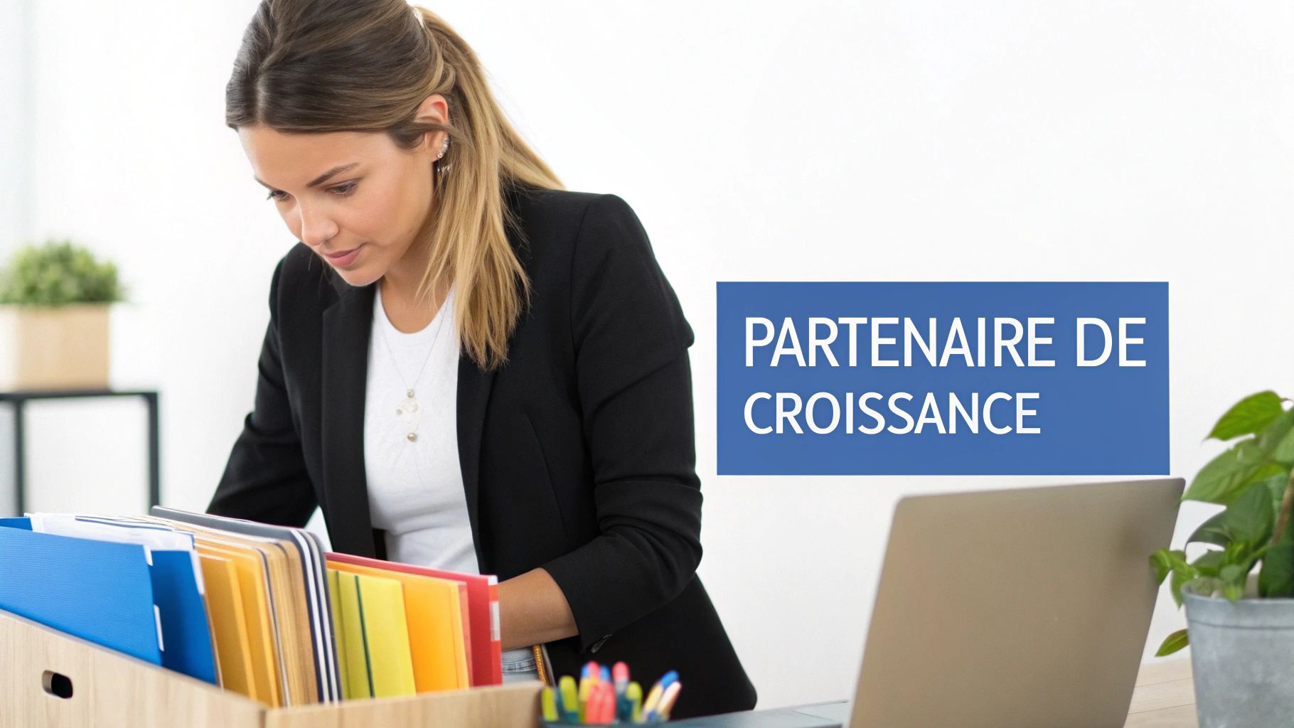Une femme blonde travaille à son bureau, consultant des dossiers colorés, avec un ordinateur portable. Le texte "PARTENAIRE DE CROISSANCE" est affiché.
