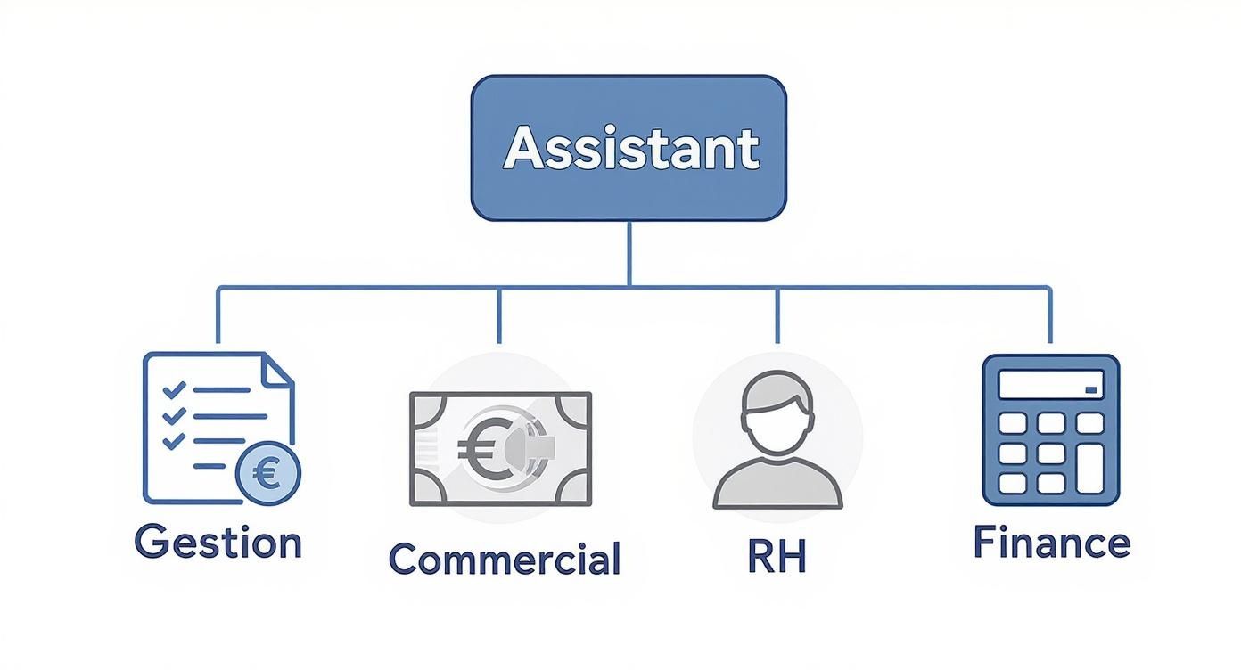 Organigramme montrant les domaines d'intervention d'un assistant : gestion, commercial, RH et finance.