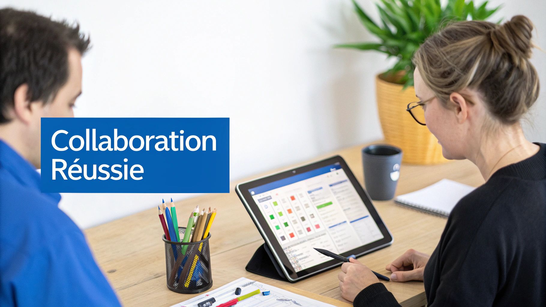 Deux personnes collaborent activement sur une tablette, symbolisant une "Collaboration Réussie" dans un bureau moderne.