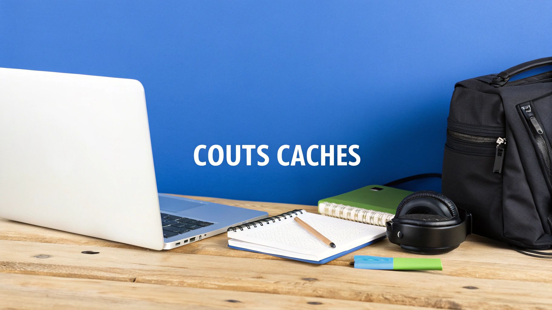 Bureau moderne avec ordinateur portable, carnets, écouteurs et sac à dos. Fond bleu avec le texte « COUTS CACHES ».