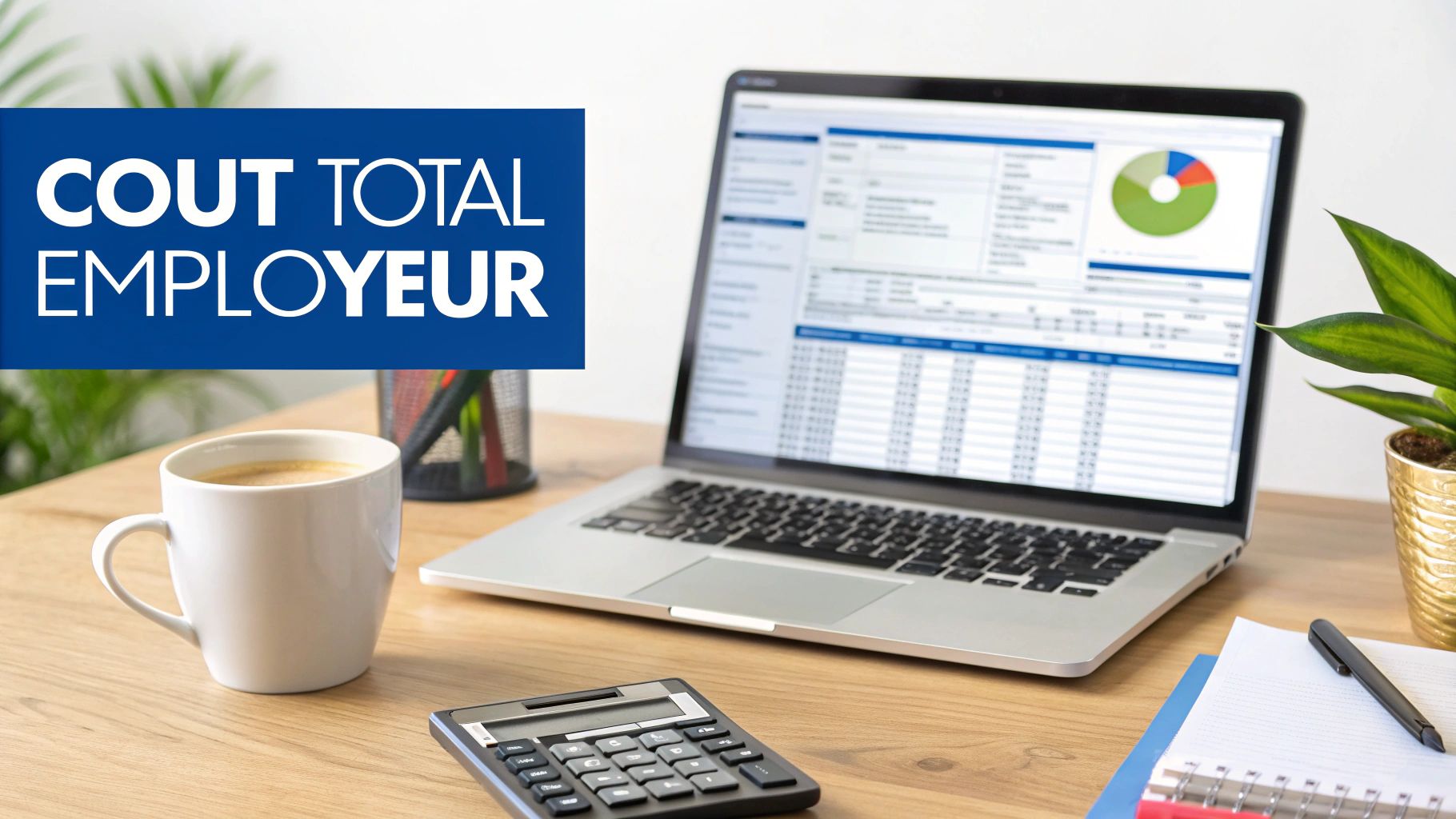 Bureau avec ordinateur portable affichant des données financières, tasse de café, calculatrice et le texte 'COUT TOTAL EMPLOYEUR'.