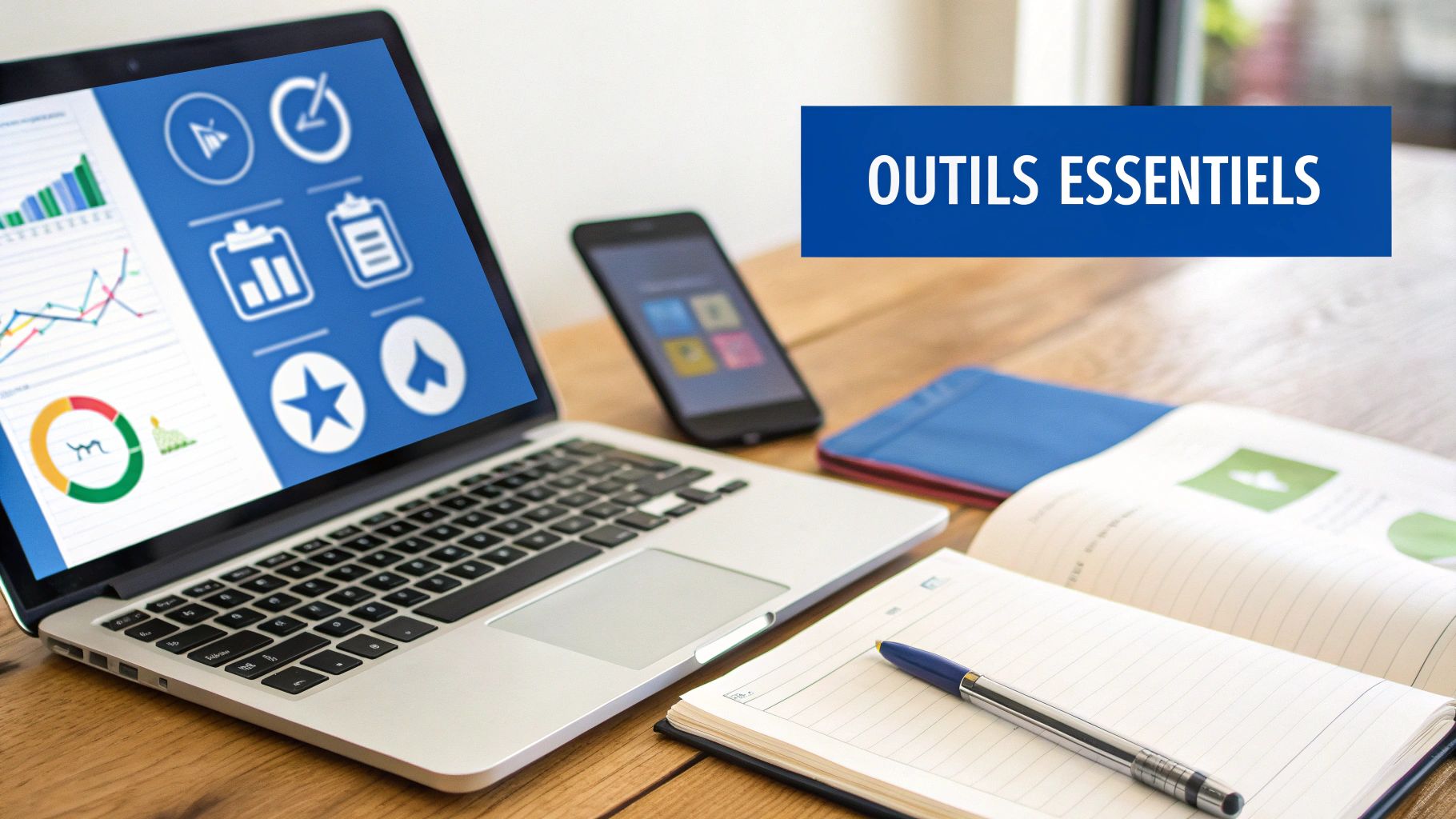 Ordinateur portable affichant des graphiques et icônes, smartphone, carnet et stylo sur un bureau en bois, avec la bannière 'Outils Essentiels'.