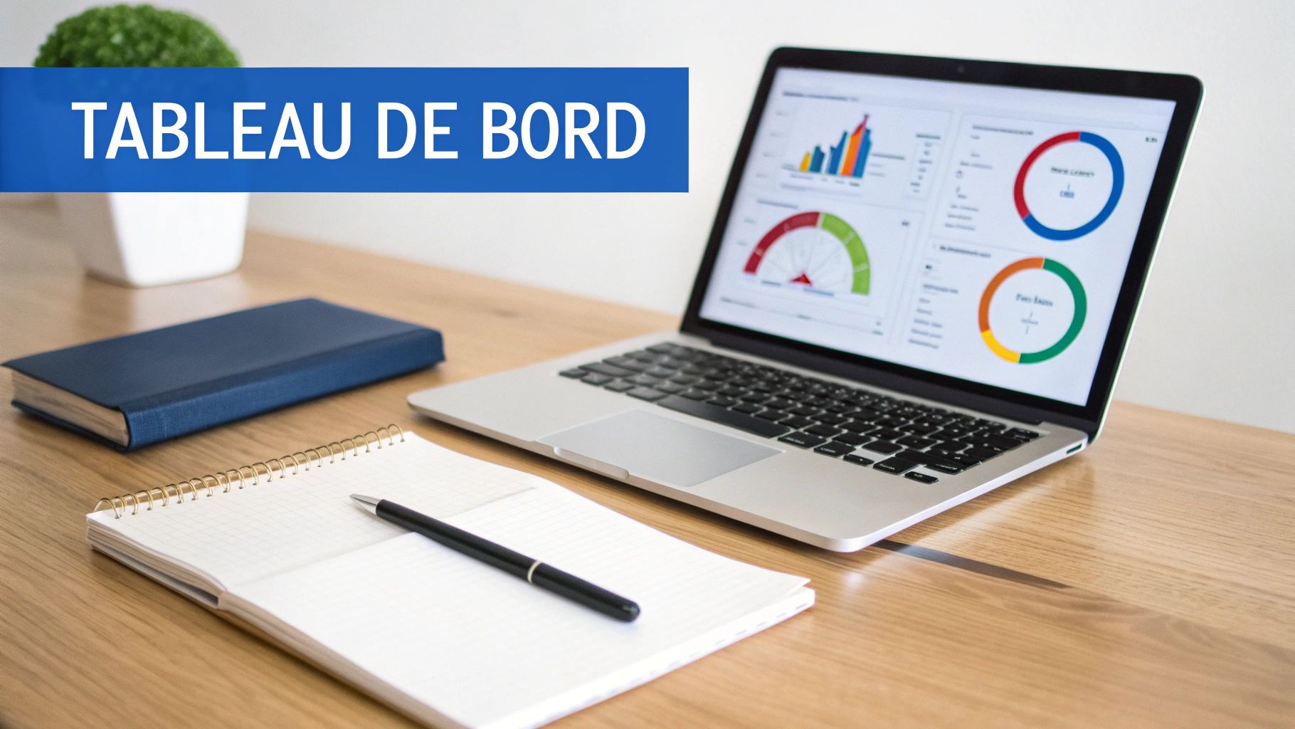 Bureau avec ordinateur portable affichant un tableau de bord, carnet, stylo et livre. Bannière bleue avec le texte "TABLEAU DE BORD".