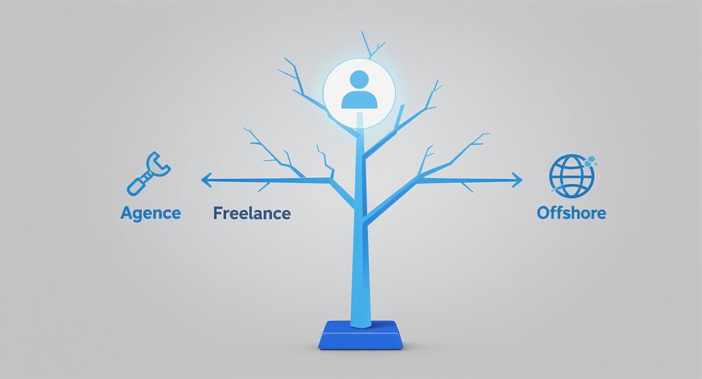 Illustration des options d'externalisation : agence, freelance et offshore, représentées par un arbre de choix.