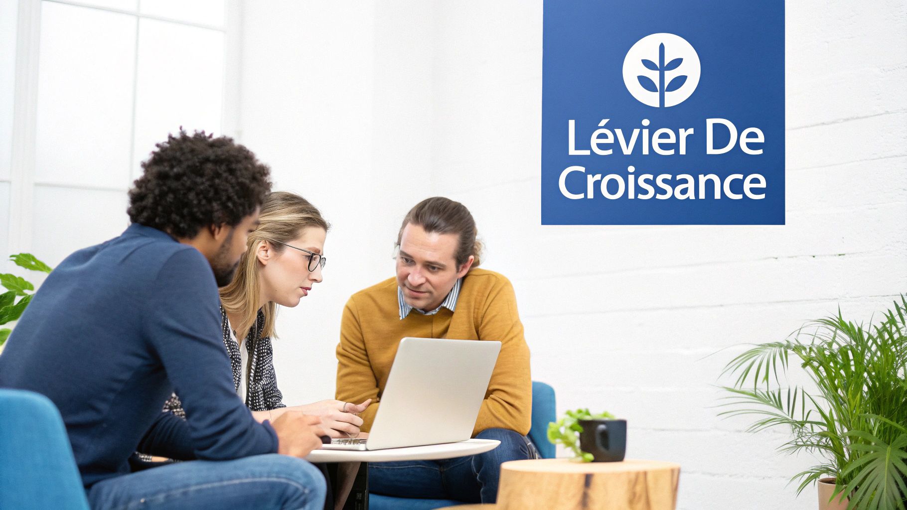 Trois professionnels discutent et collaborent autour d'un ordinateur portable dans un environnement de bureau moderne.