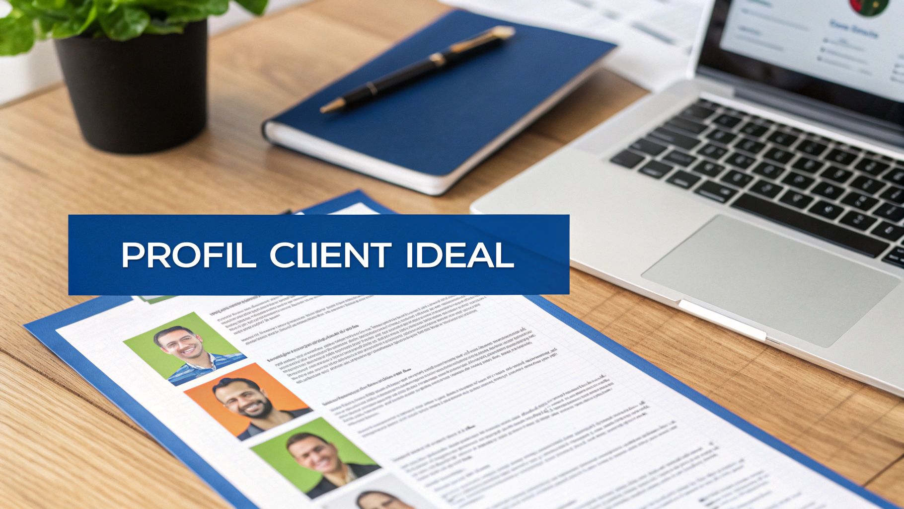 Un bureau en bois avec un ordinateur portable, un carnet, une plante et un document intitulé 'PROFIL CLIENT IDEAL' affichant des portraits de personnes.