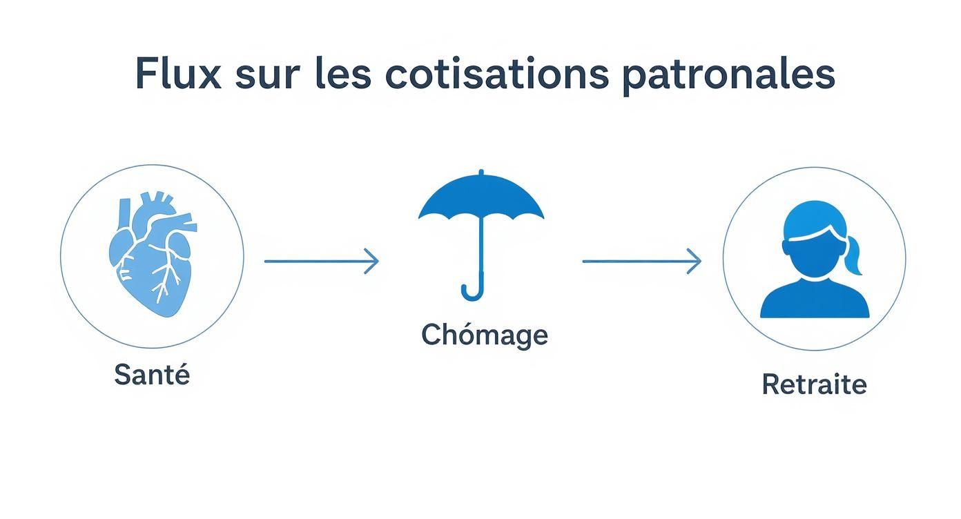 Diagramme illustrant le flux des cotisations patronales vers la santé, le chômage et la retraite.