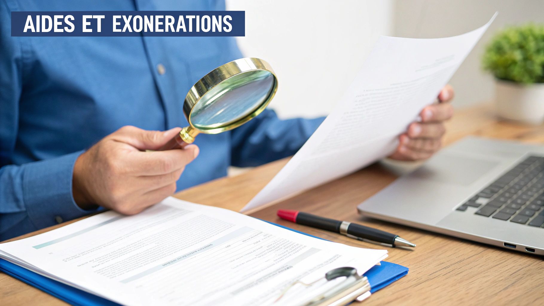Un homme examine attentivement des documents avec une loupe, étudiant les aides et exonérations.